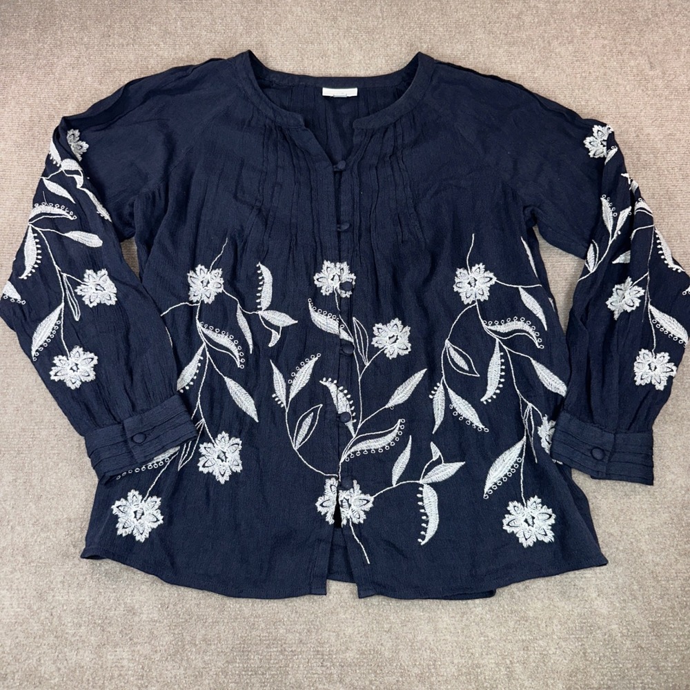 J. Jill Navy Blue Floral Embroidered Button Front Blouse Top Small